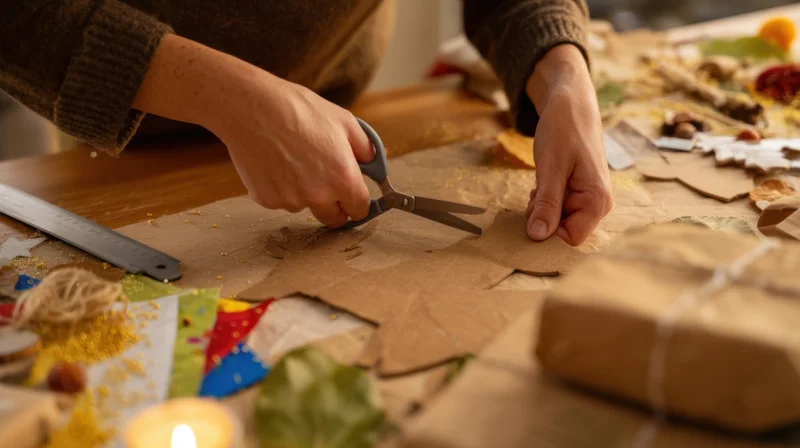 Hands cutting cardboard shape on a crafting table with tools and decorations around
