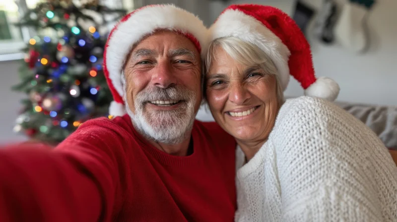 Senior couple smiling while taking a selfie in santa hats near a decorated christmas tree in their living room