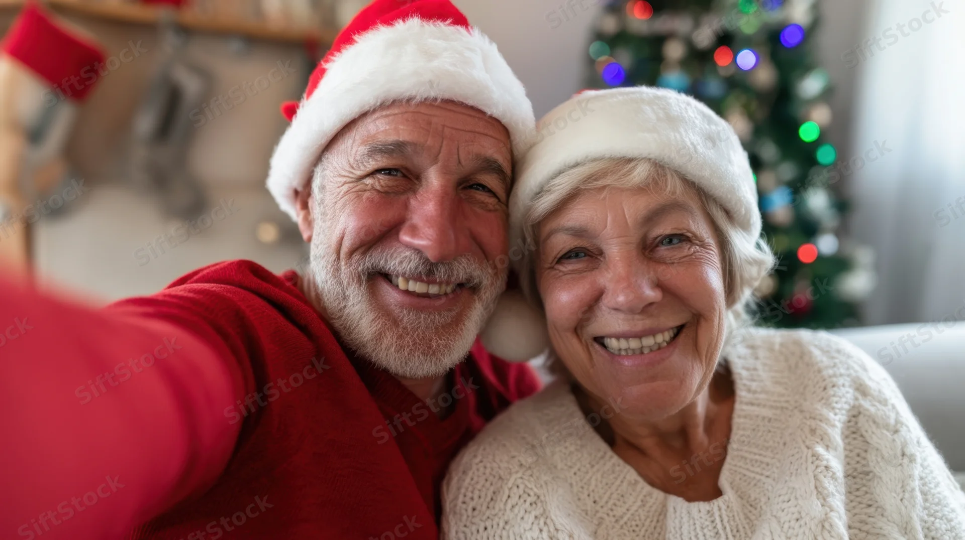 Senior couple smiling while taking a selfie in festive santa hats at home near a christmas tree