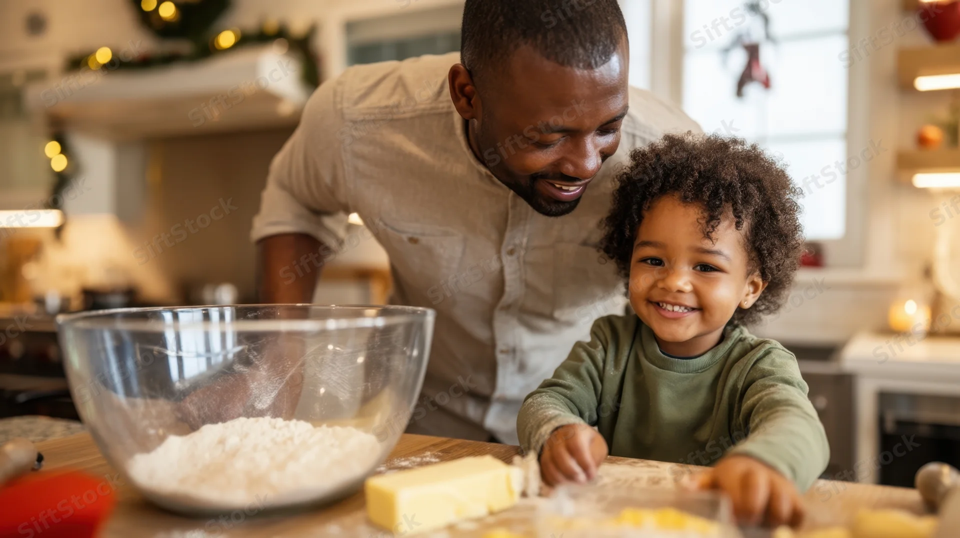Father and young son baking together in a kitchen during the holiday season
