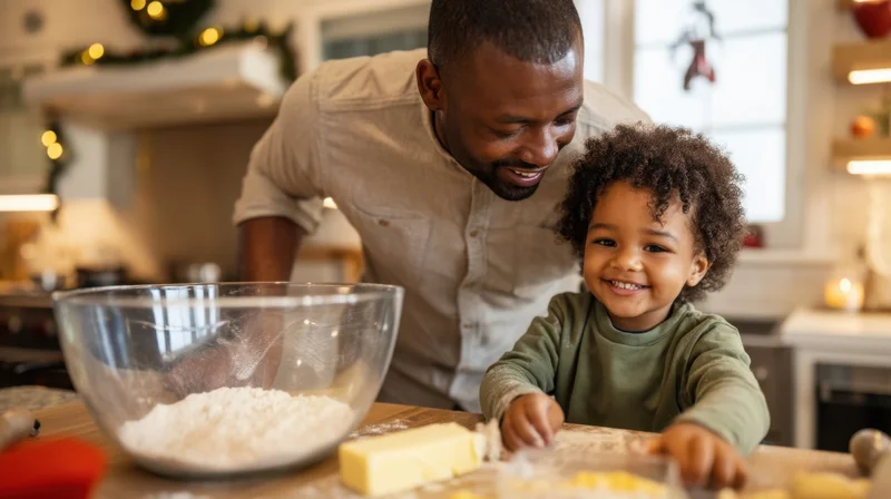 Father and young son baking together in a kitchen during the holiday season