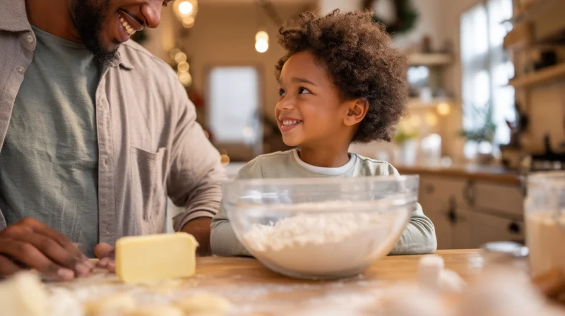 Father and daughter baking together in a warm kitchen during the holiday season