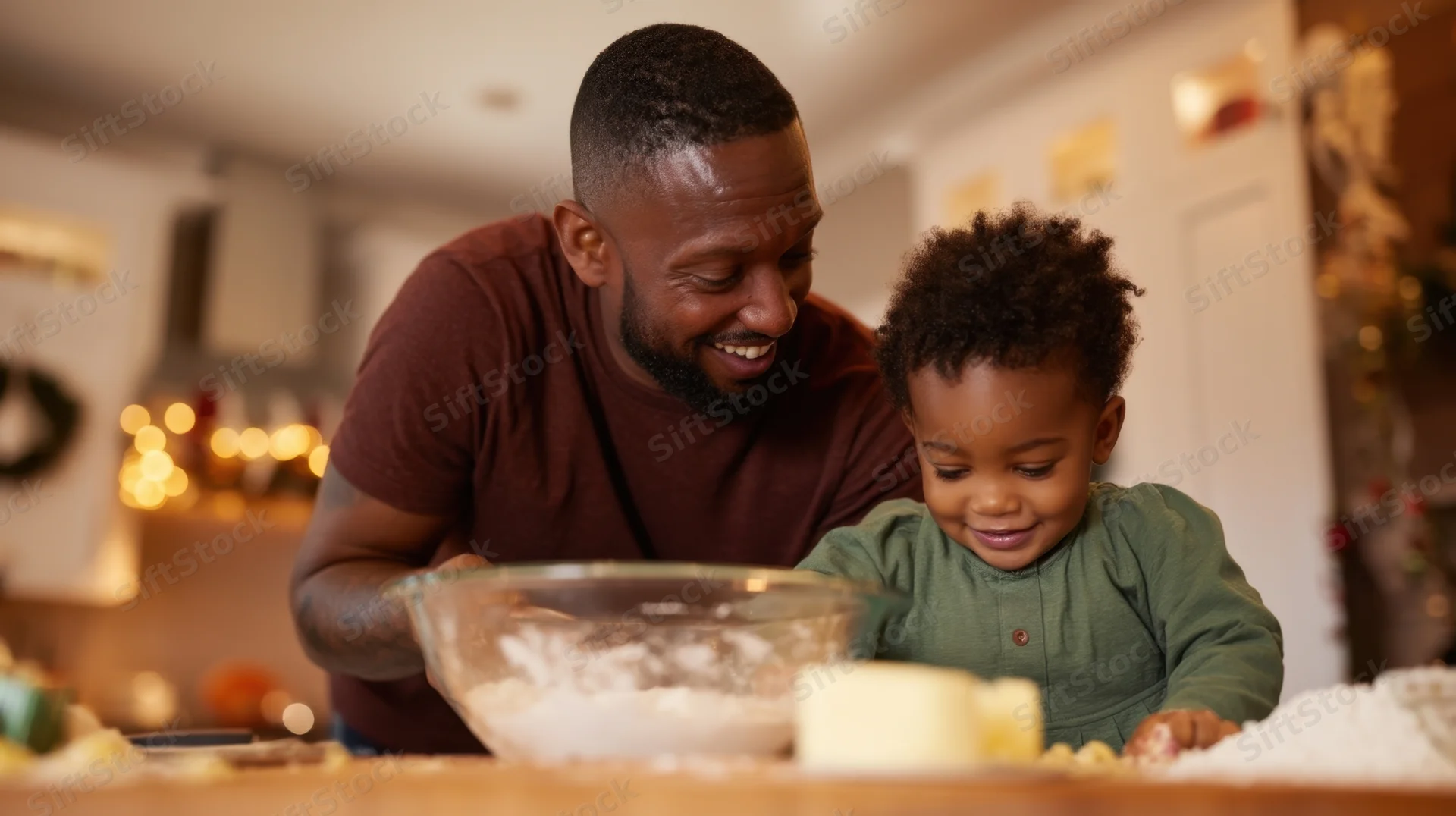 Father and young child baking together in a warm kitchen with holiday lights in the background