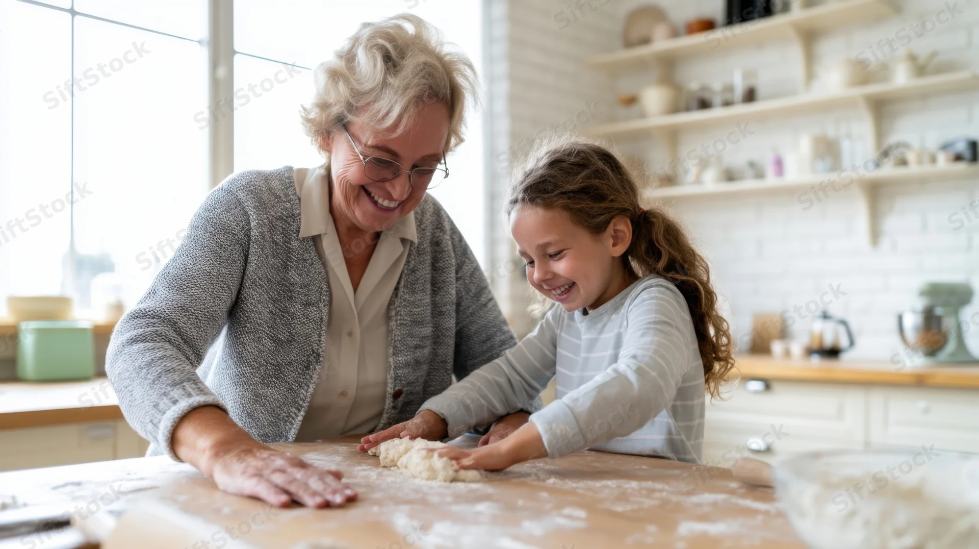 Grandmother and granddaughter smiling while kneading dough together in a bright kitchen