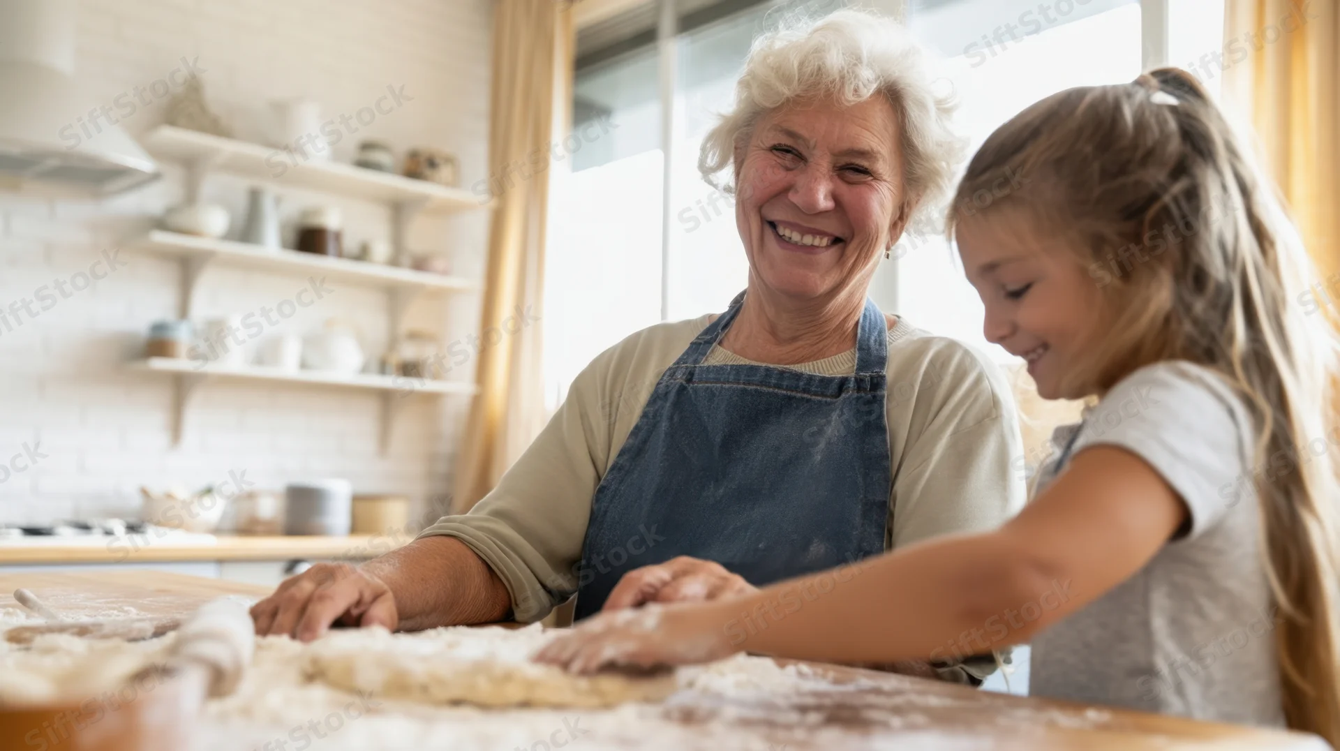 Grandmother and granddaughter baking together in a bright kitchen