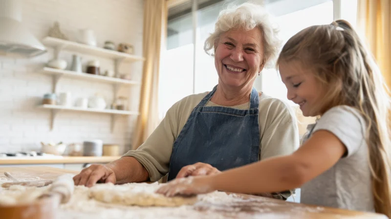 Grandmother and granddaughter baking together in a bright kitchen
