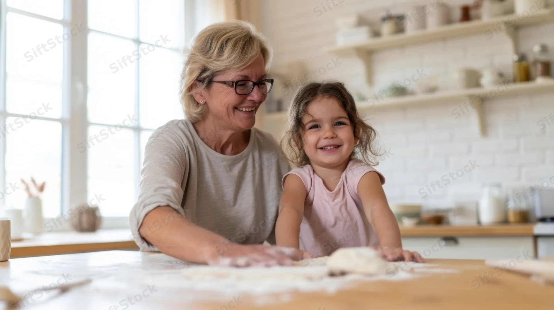 Grandmother and granddaughter smiling while baking dough together in a bright kitchen