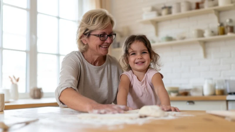 Grandmother and granddaughter smiling while baking dough together in a bright kitchen