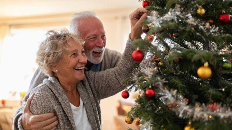 Elderly couple smiling and decorating a christmas tree together in their living room