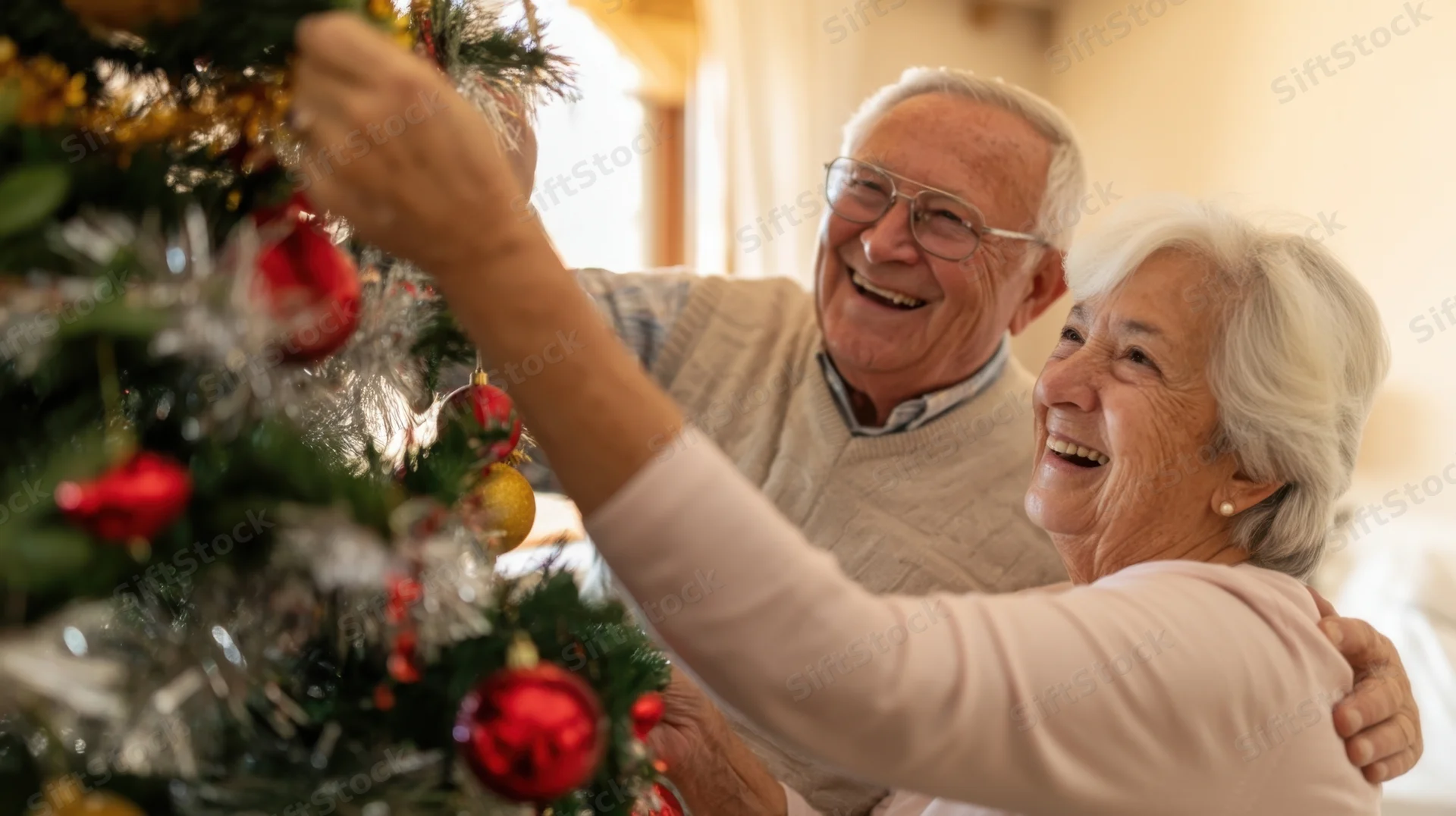 Elderly couple decorating christmas tree together in living room smiling