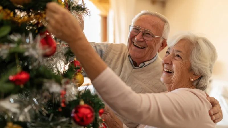 Elderly couple decorating christmas tree together in living room smiling