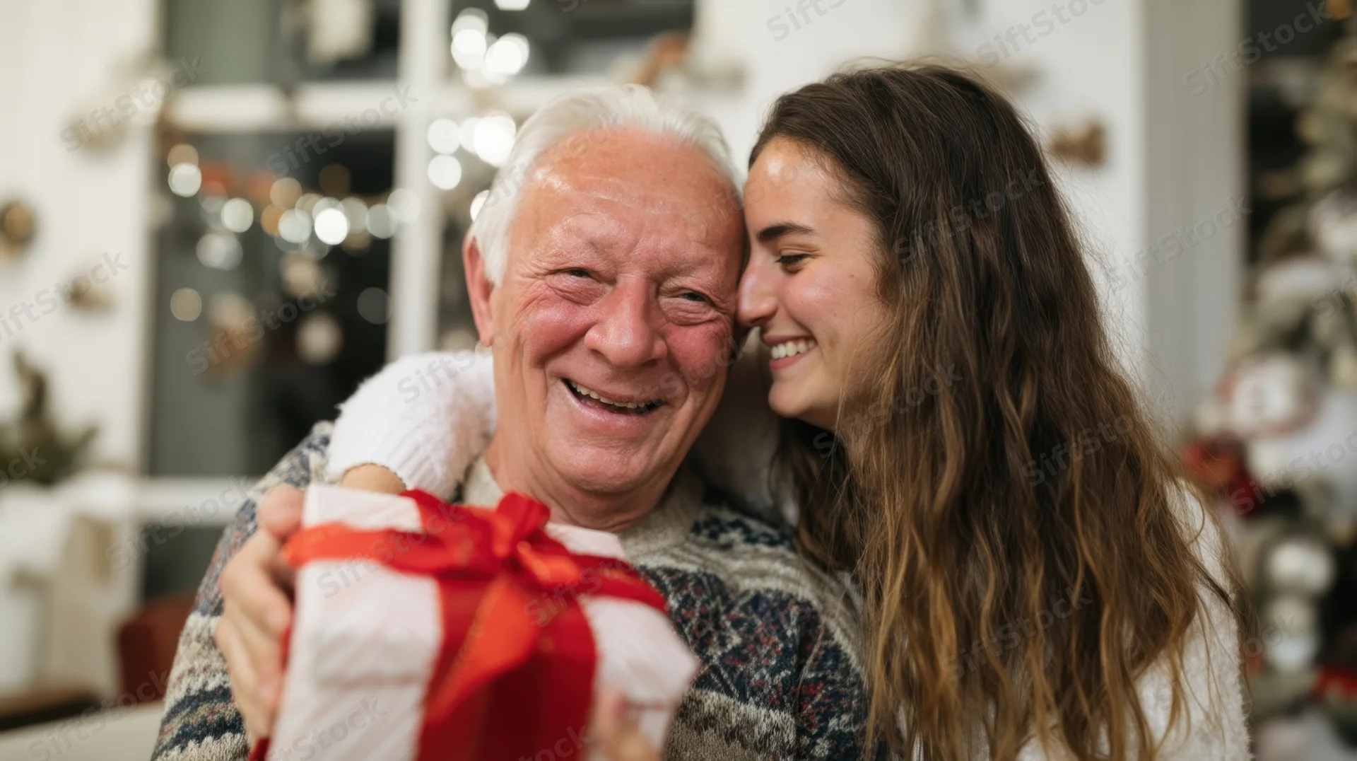 Grandfather and granddaughter hugging while holding a wrapped gift indoors during christmas