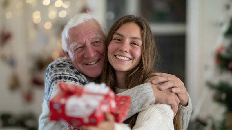 Grandfather hugging granddaughter holding a wrapped gift in a decorated home during christmas