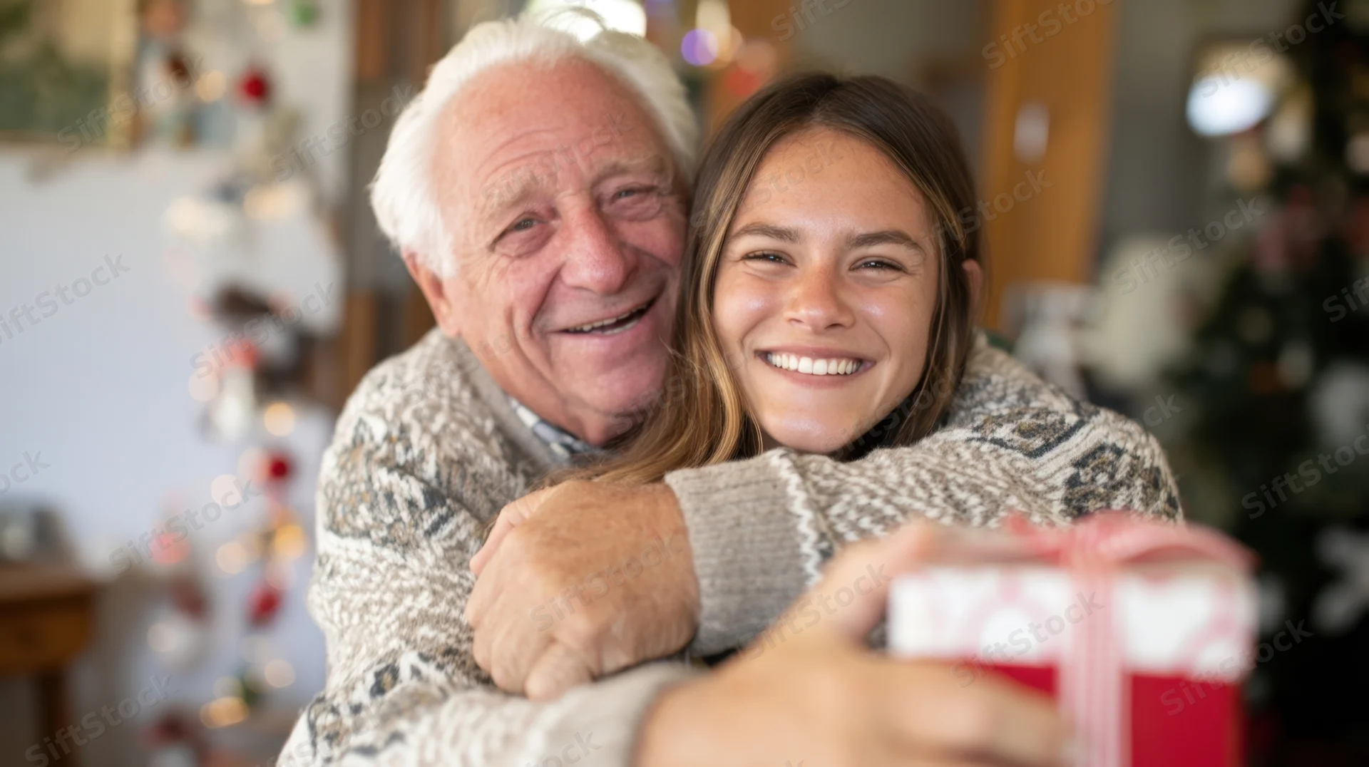 Grandfather hugging granddaughter with gift in front of decorated christmas tree indoors