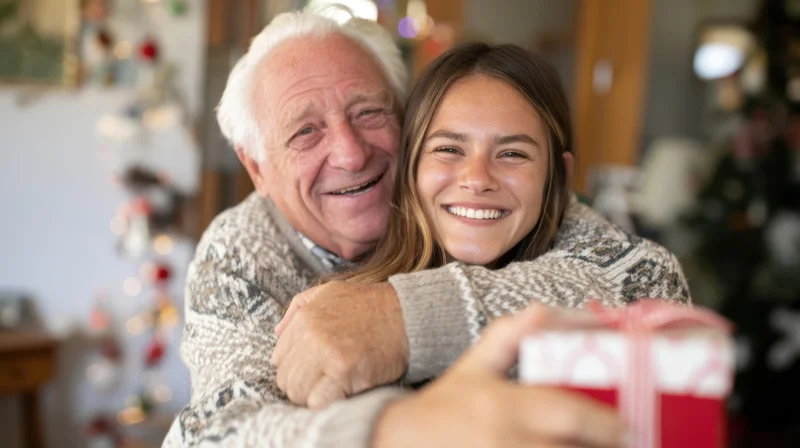 Grandfather hugging granddaughter with gift in front of decorated christmas tree indoors