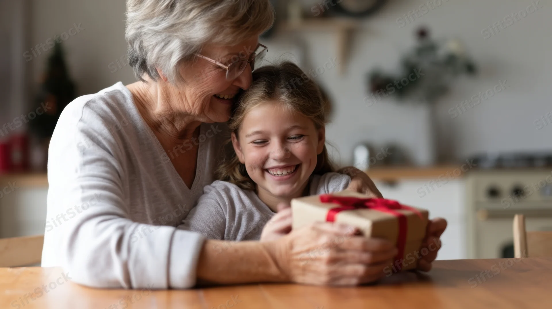 Grandmother hugging young girl holding wrapped gift in kitchen