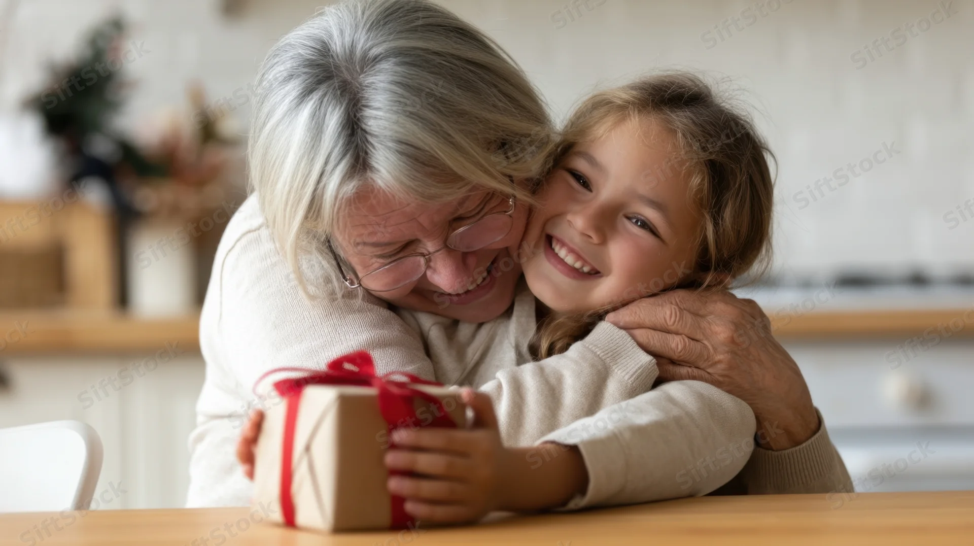 Grandmother hugging granddaughter who holds a wrapped gift in a cozy kitchen