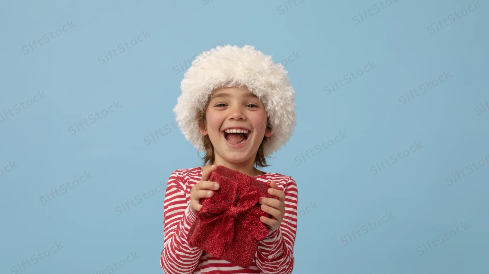 Joyful child holding a wrapped gift in a festive striped shirt and fur hat against a blue background