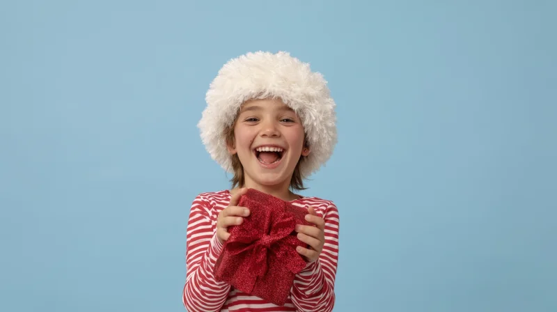 Joyful child holding a wrapped gift in a festive striped shirt and fur hat against a blue background