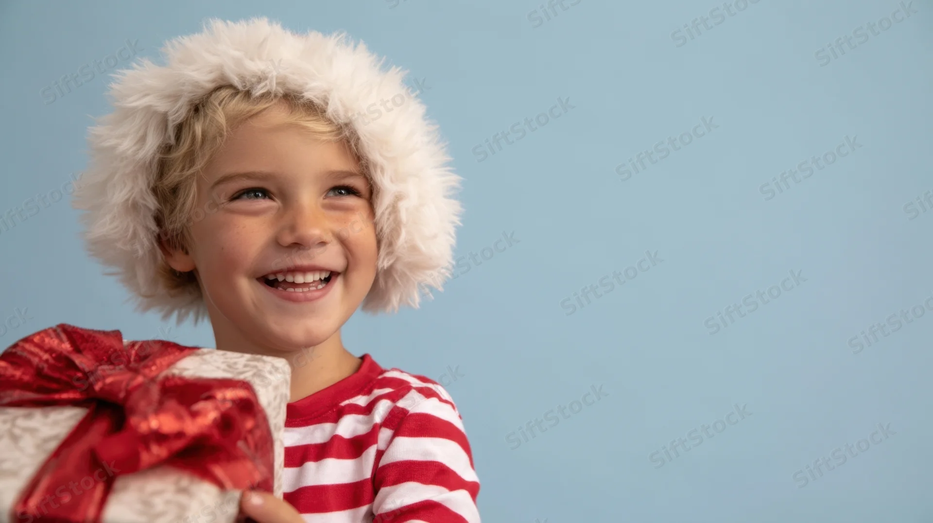 Smiling child in festive red and white striped shirt holding a wrapped gift against a blue background