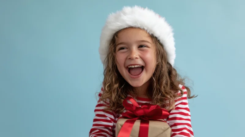 Girl laughing while holding a wrapped gift, wearing a santa hat and striped shirt against a blue background