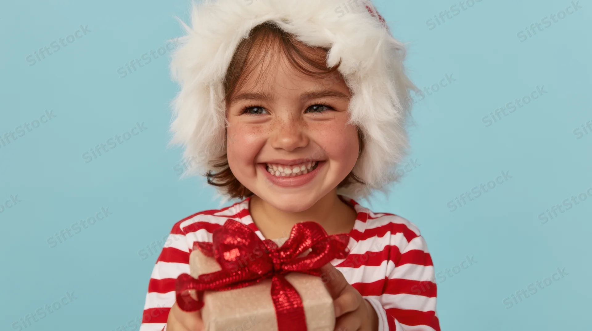 Young girl smiling while holding a wrapped gift in a festive striped shirt and fluffy hat against a blue background