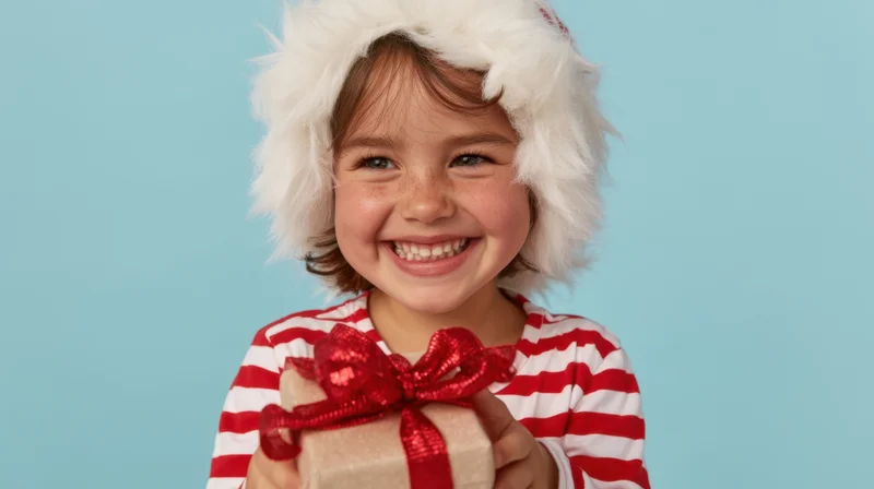 Child holding a wrapped Christmas gift wearing Santa hat and striped pajamas
