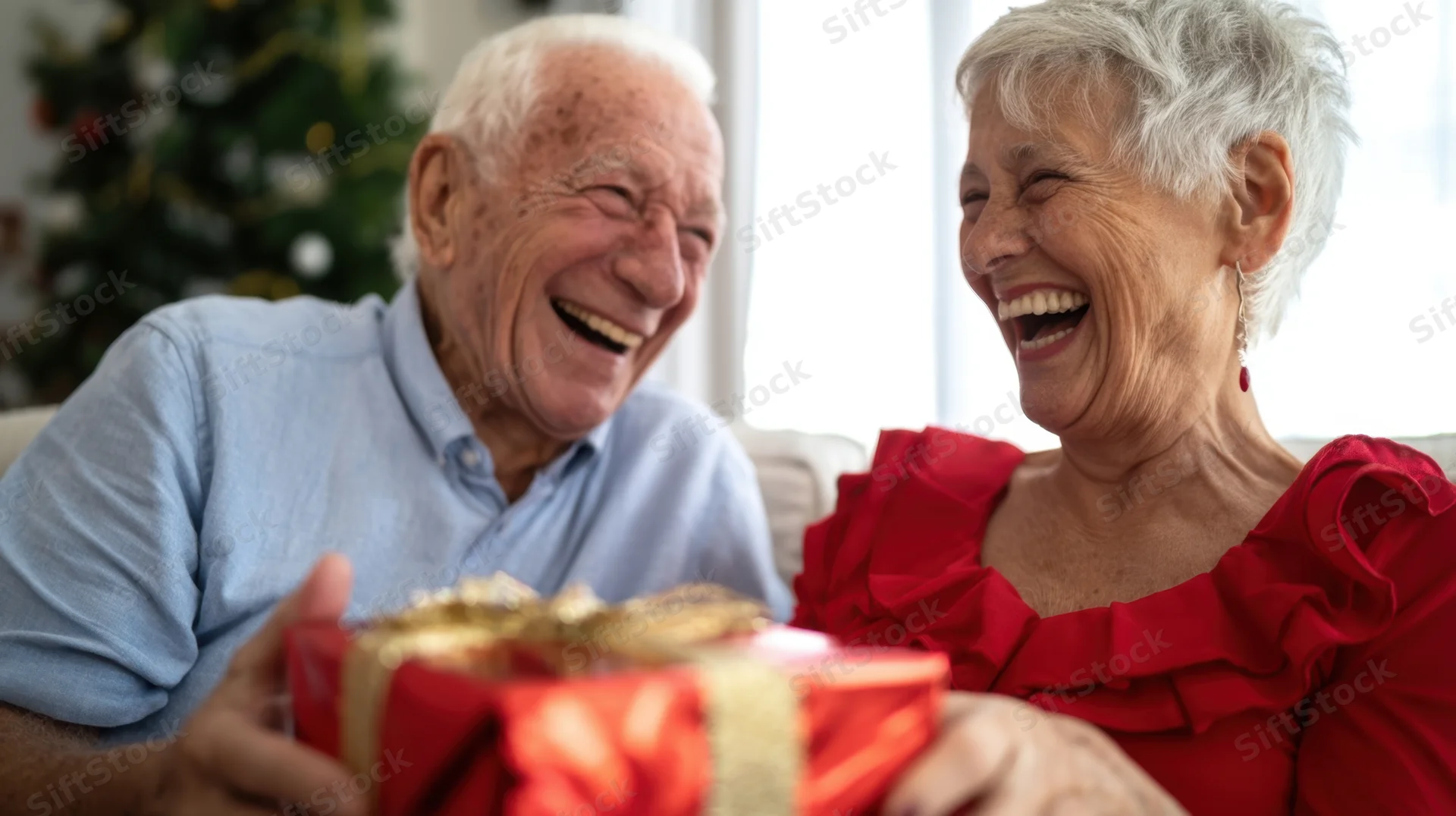 Elderly couple laughing together while holding a wrapped gift in a decorated living room