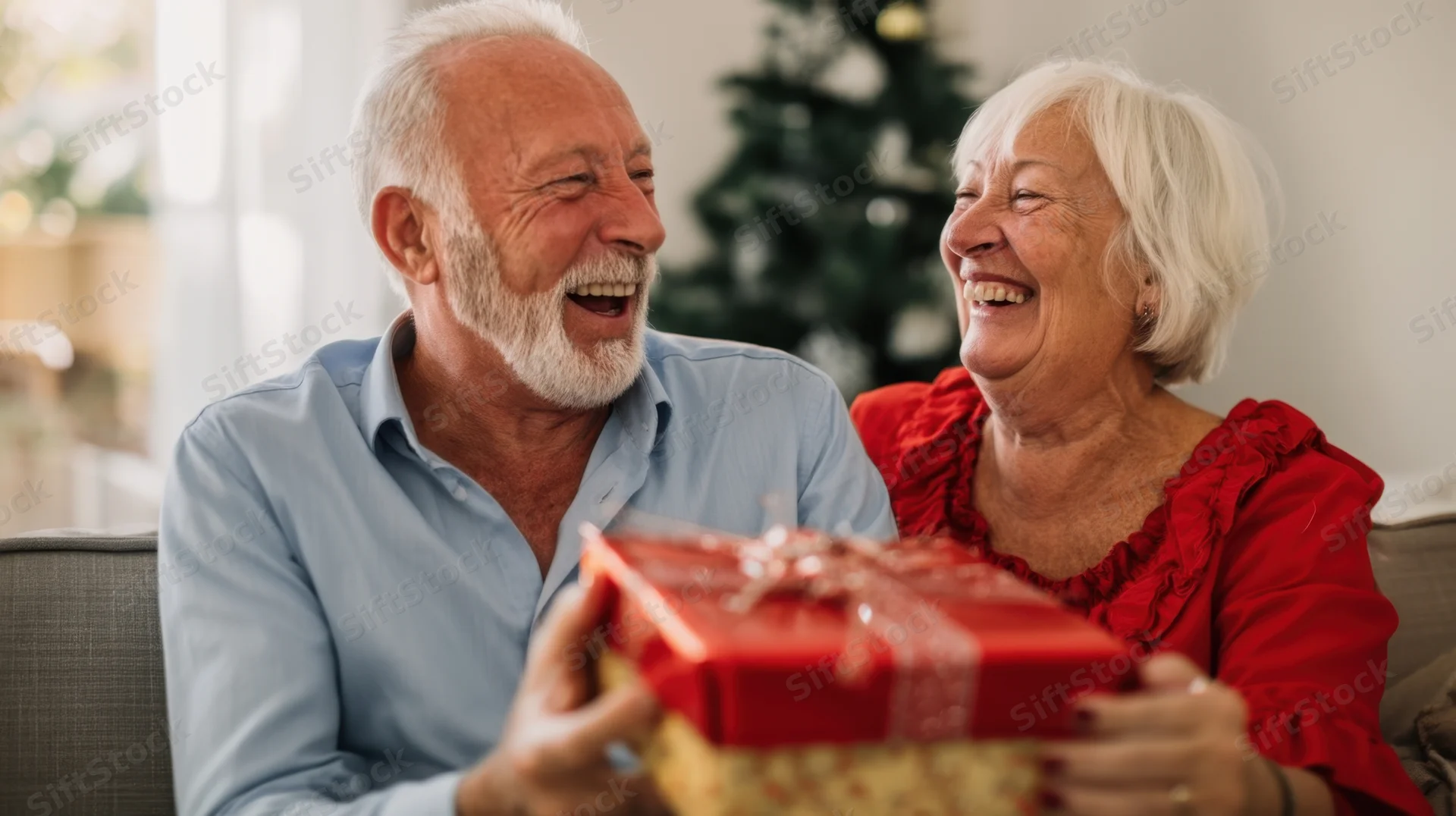 Elderly couple laughing together while holding a wrapped gift in a living room with a christmas tree in the background