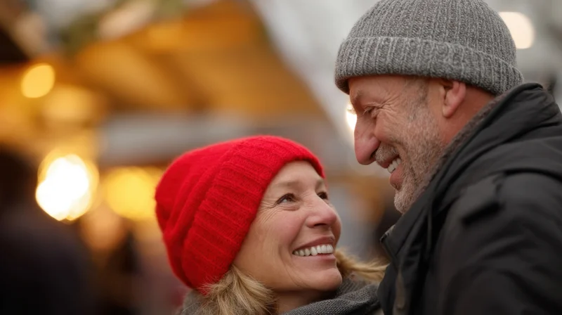 Elderly couple smiling at each other in a festive outdoor market at evening