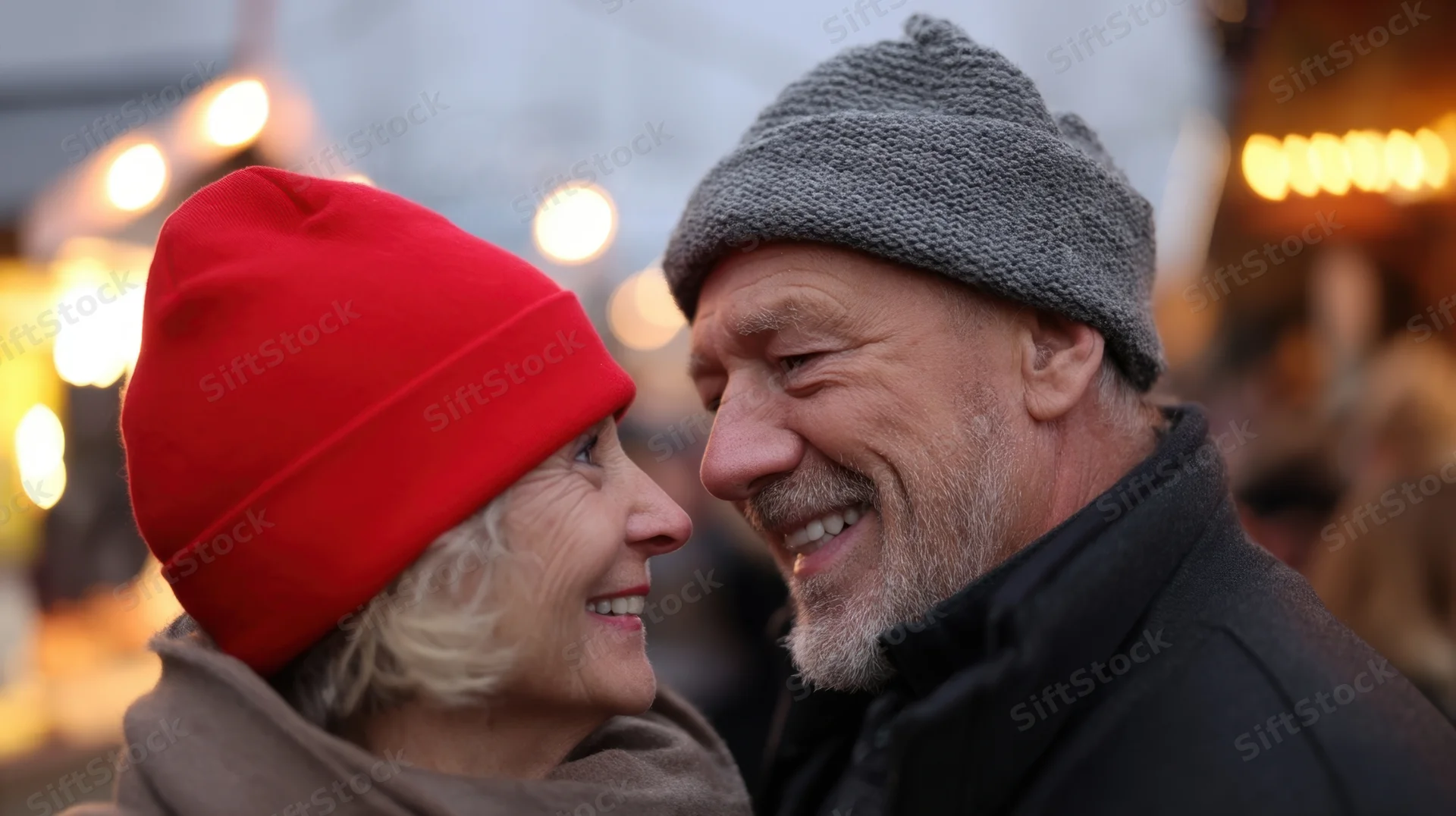 Elderly couple smiling at each other in a festive outdoor market at twilight