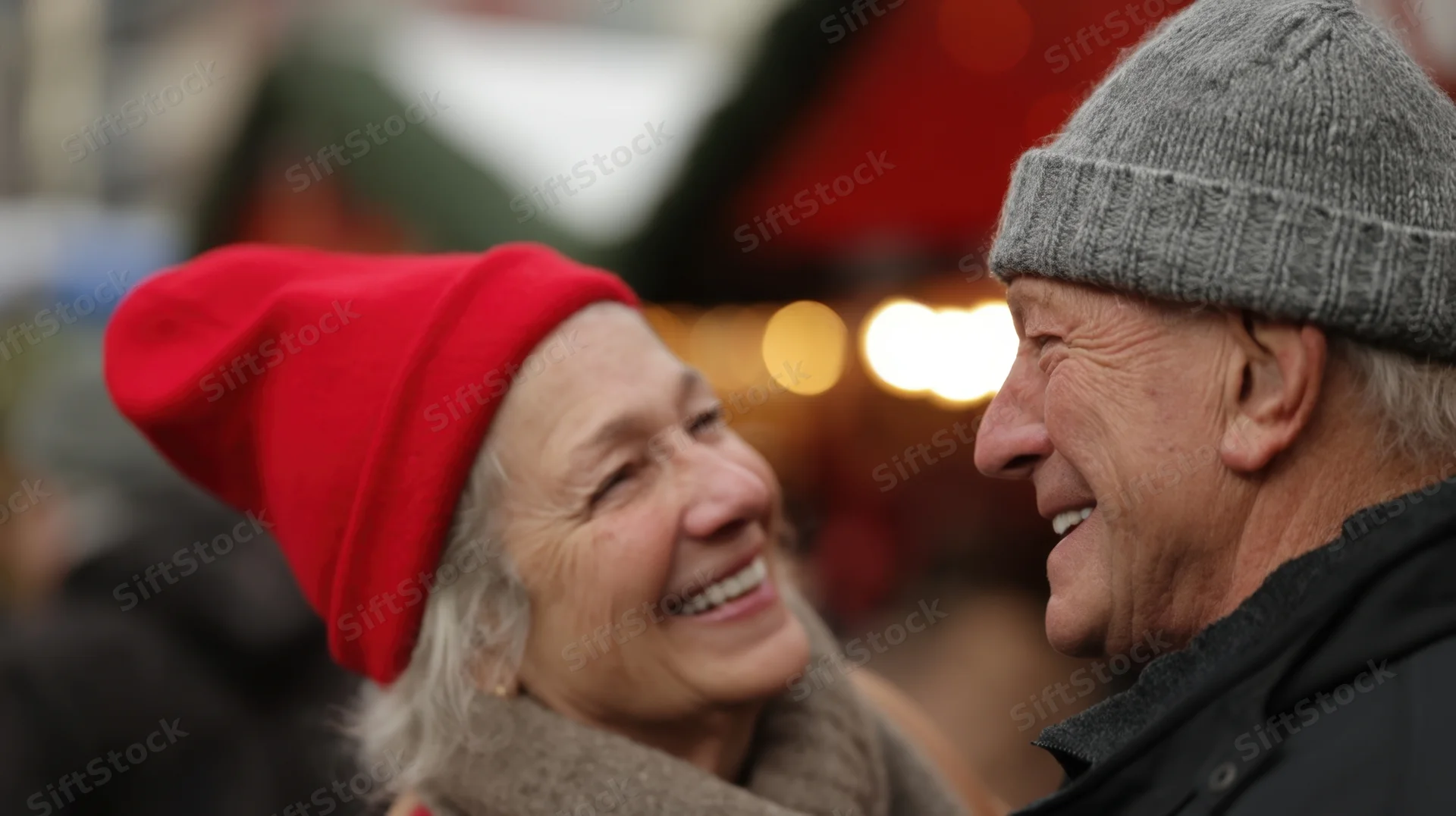 Elderly couple smiling at each other in a festive outdoor market setting