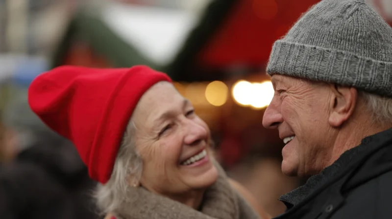 Elderly couple smiling at each other in a festive outdoor market setting