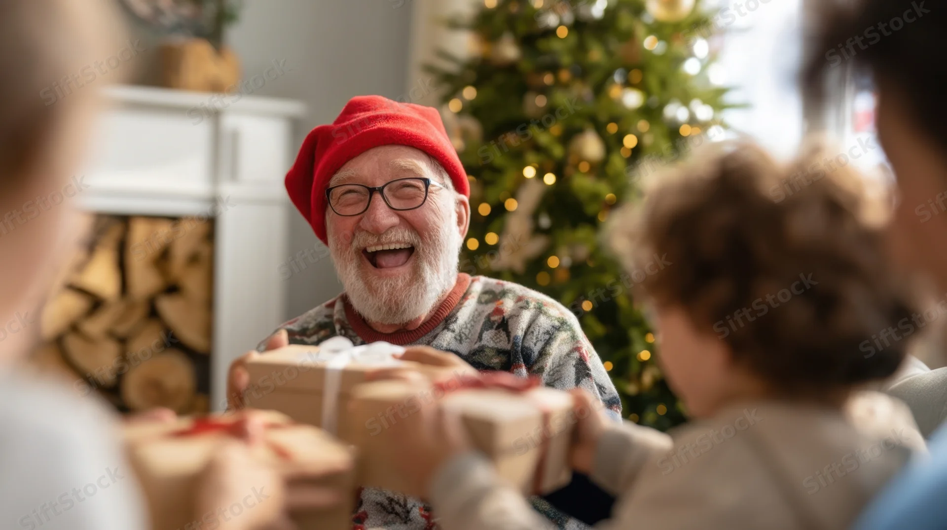 Senior man laughing while exchanging gifts with family in front of a decorated christmas tree