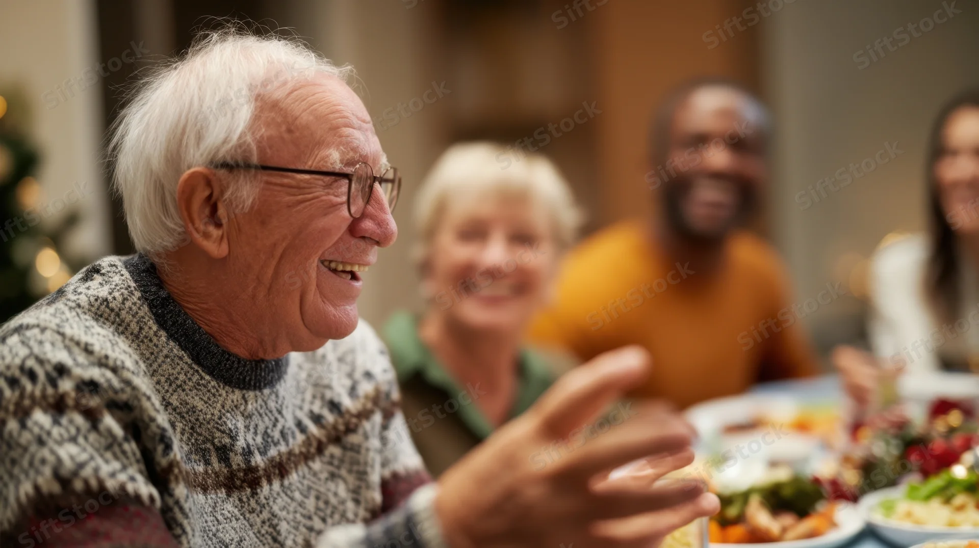 Elderly man laughing and gesturing during a family dinner at home with holiday decorations in the background