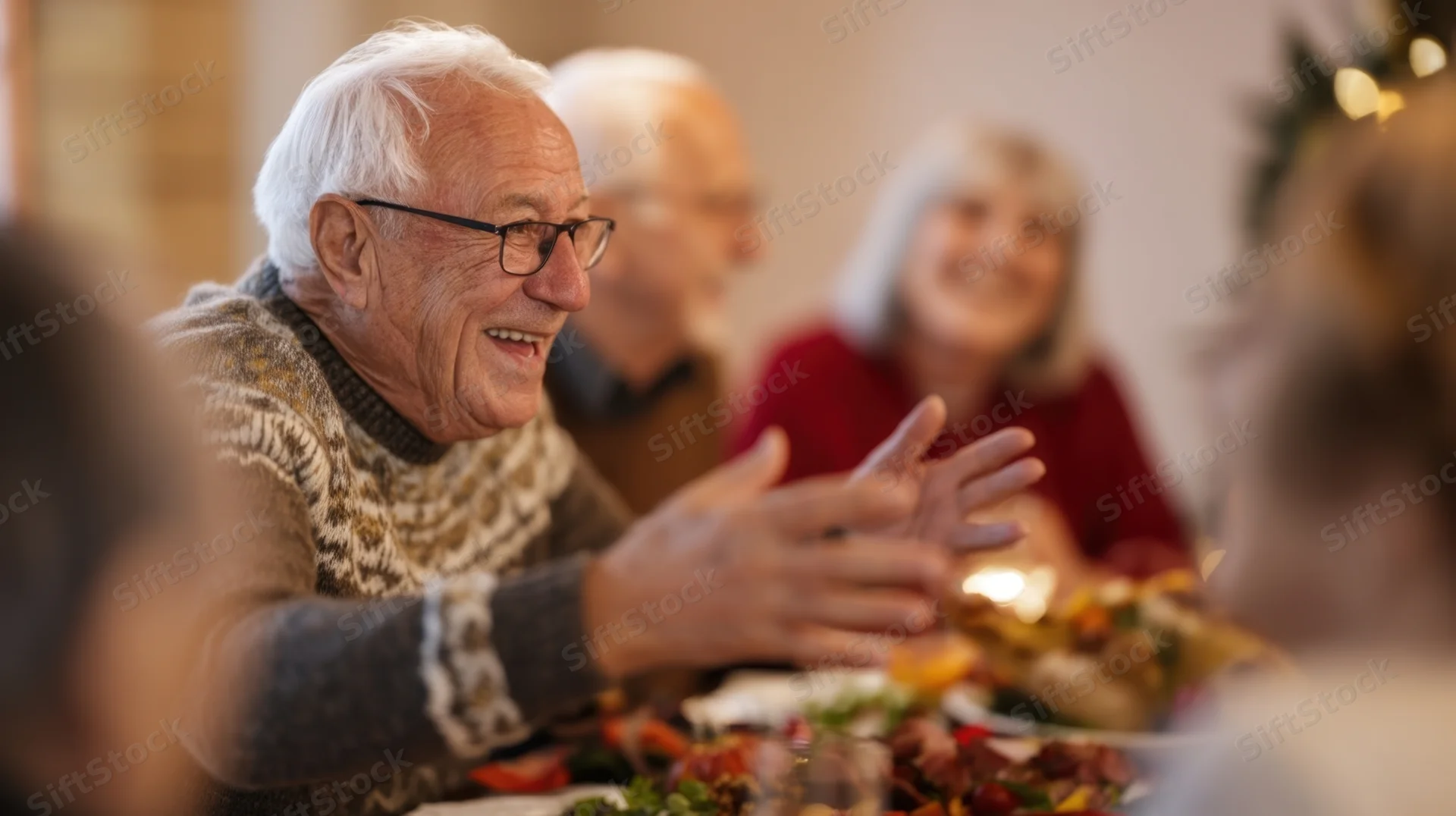Elderly man smiling and gesturing while dining with family at a festive holiday table