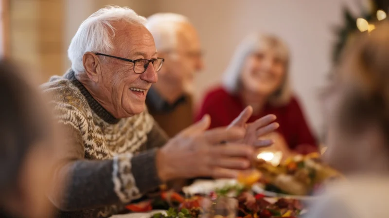 Elderly man smiling and gesturing while dining with family at a festive holiday table