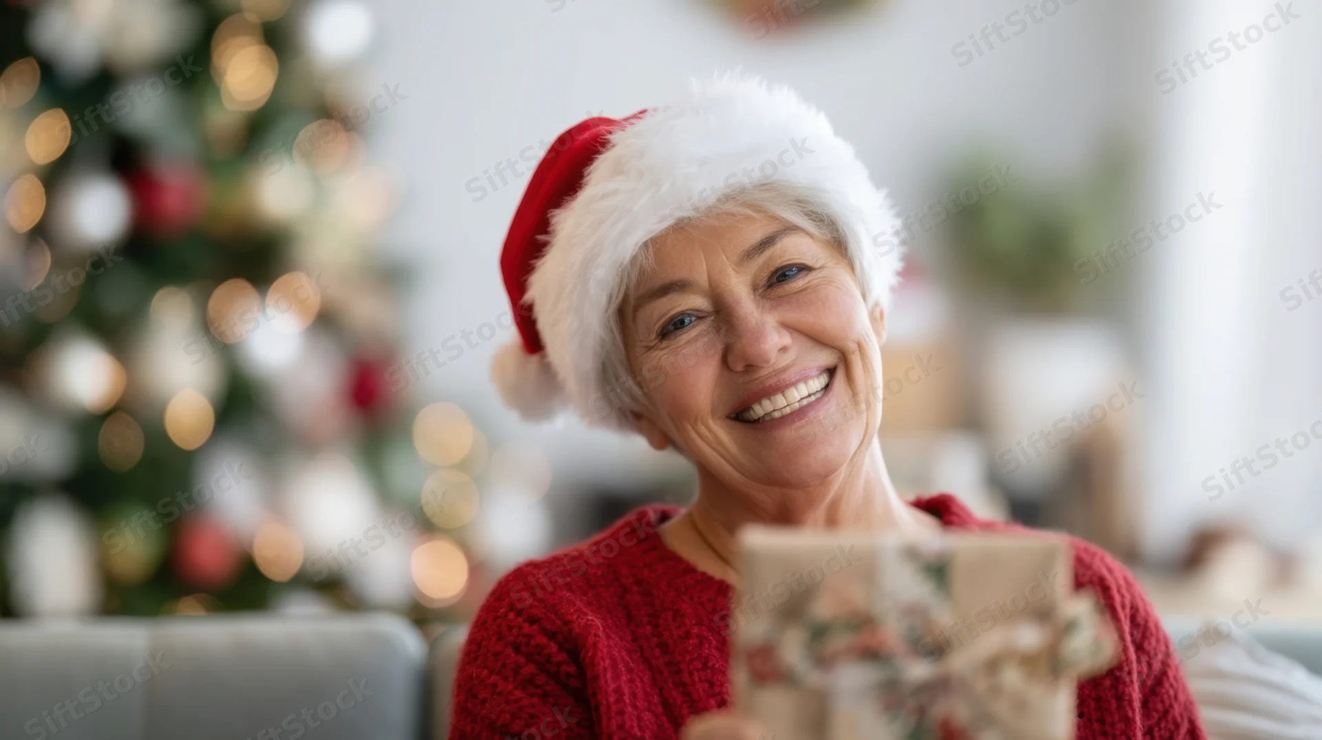 Senior woman smiling while holding a wrapped gift in front of a decorated christmas tree at home