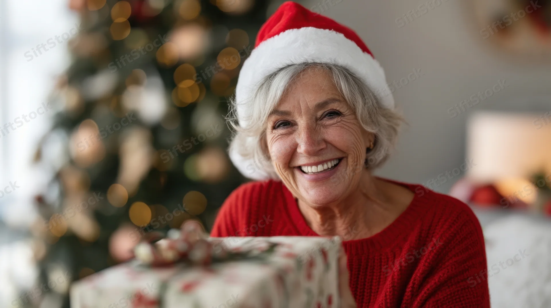 Senior woman smiling while holding a wrapped gift in front of a decorated christmas tree