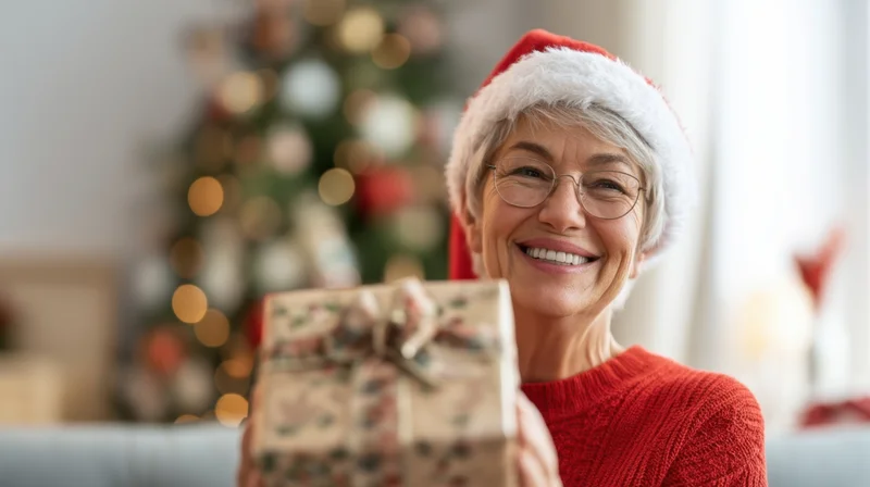 Senior woman smiling while holding a wrapped gift in front of a decorated christmas tree indoors