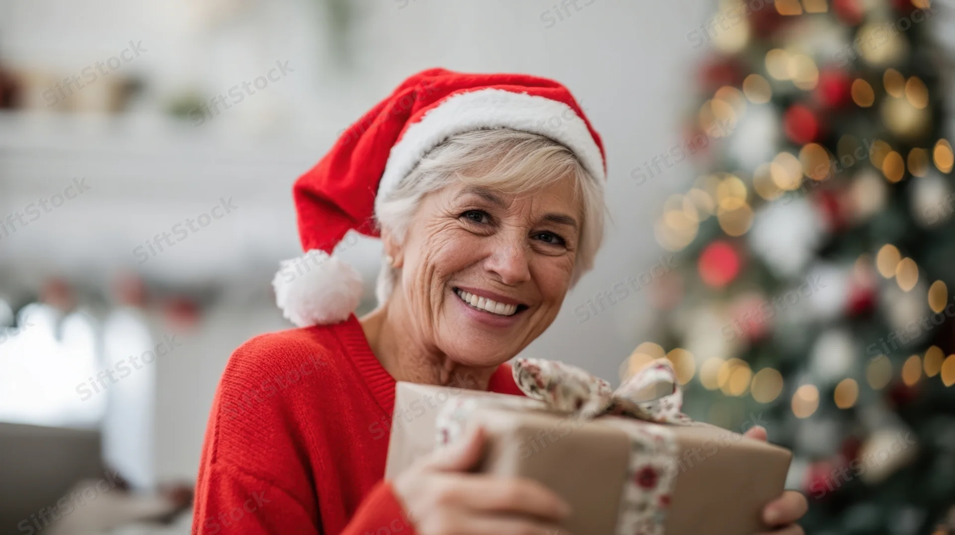 Senior woman smiling while holding a wrapped gift in front of a decorated christmas tree