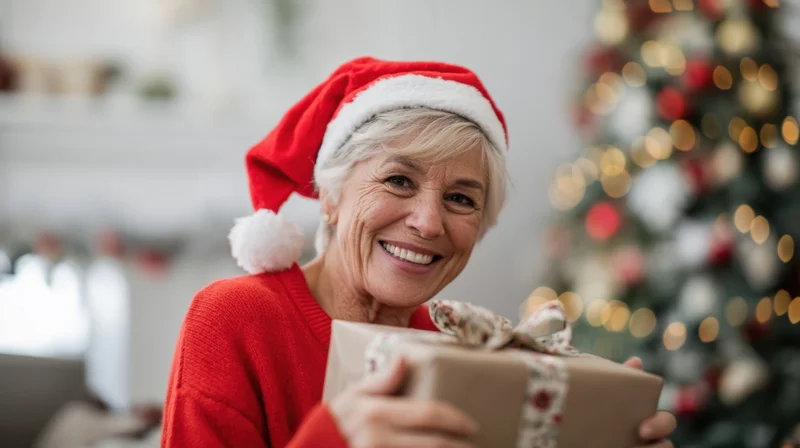 Senior woman smiling while holding a wrapped gift in front of a decorated christmas tree