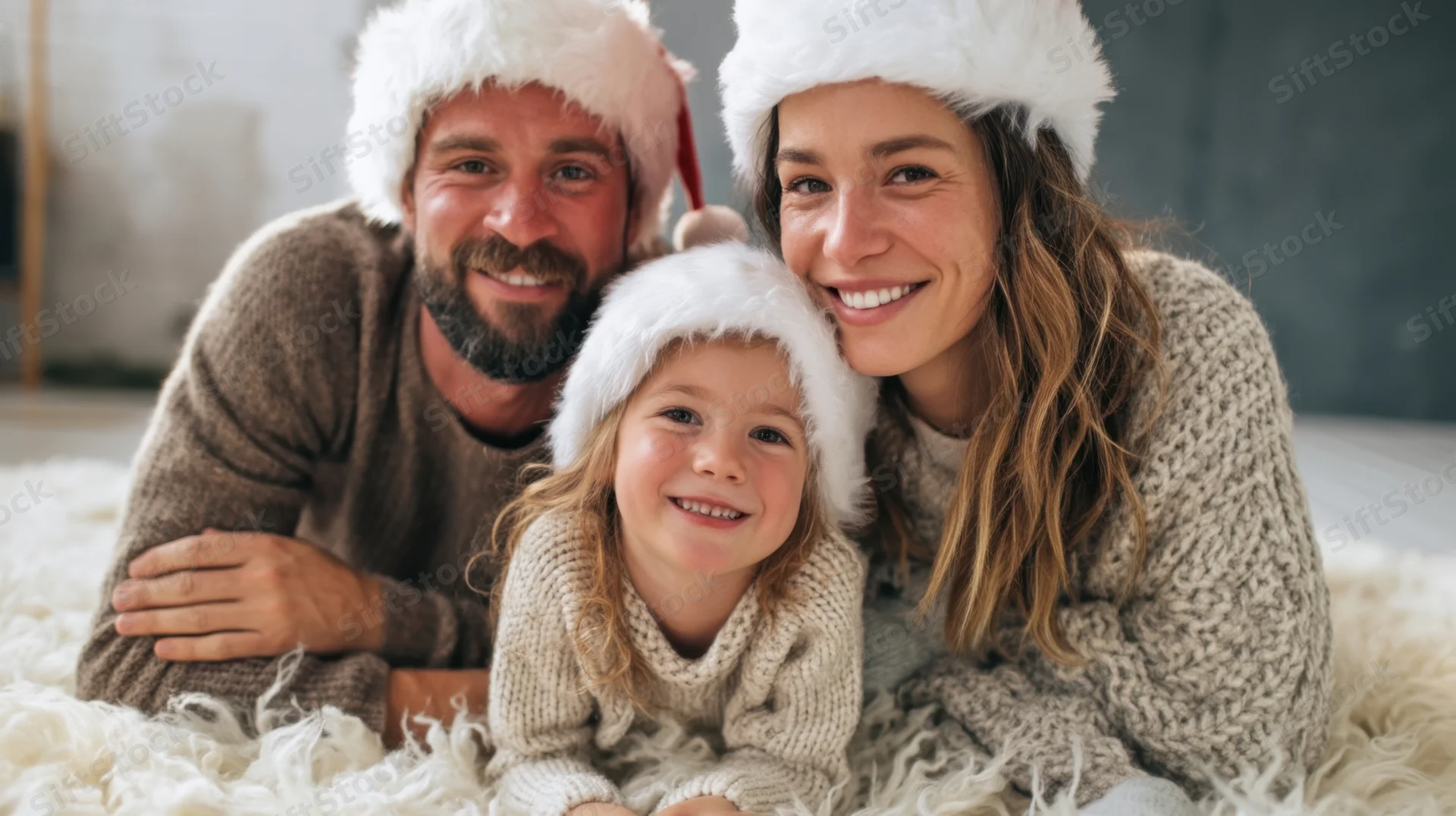 Smiling family wearing santa hats lying together on a fluffy white rug indoors