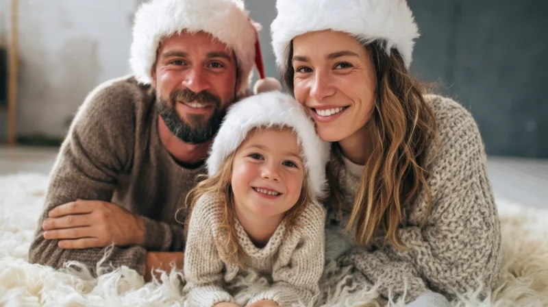 Smiling family wearing santa hats lying together on a fluffy white rug indoors