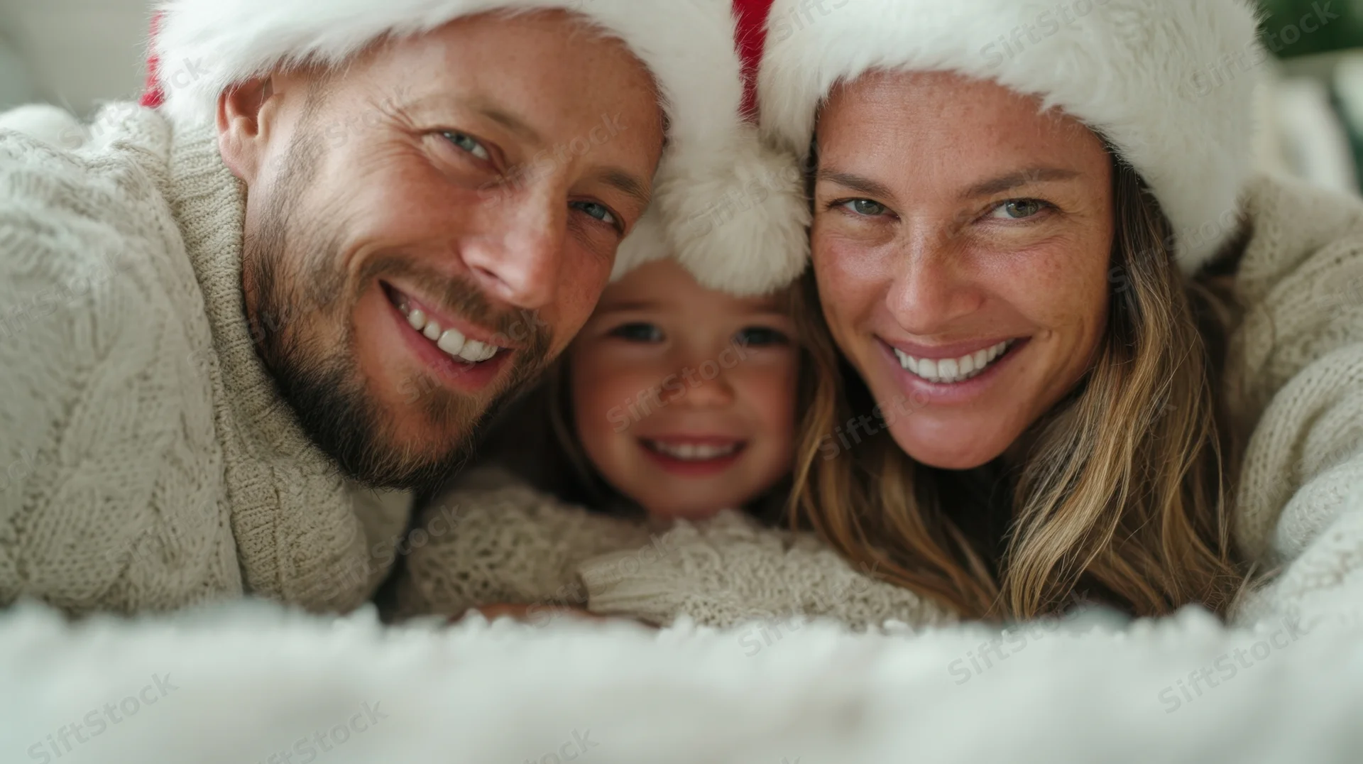 Smiling family in santa hats lying close together on a soft blanket indoors