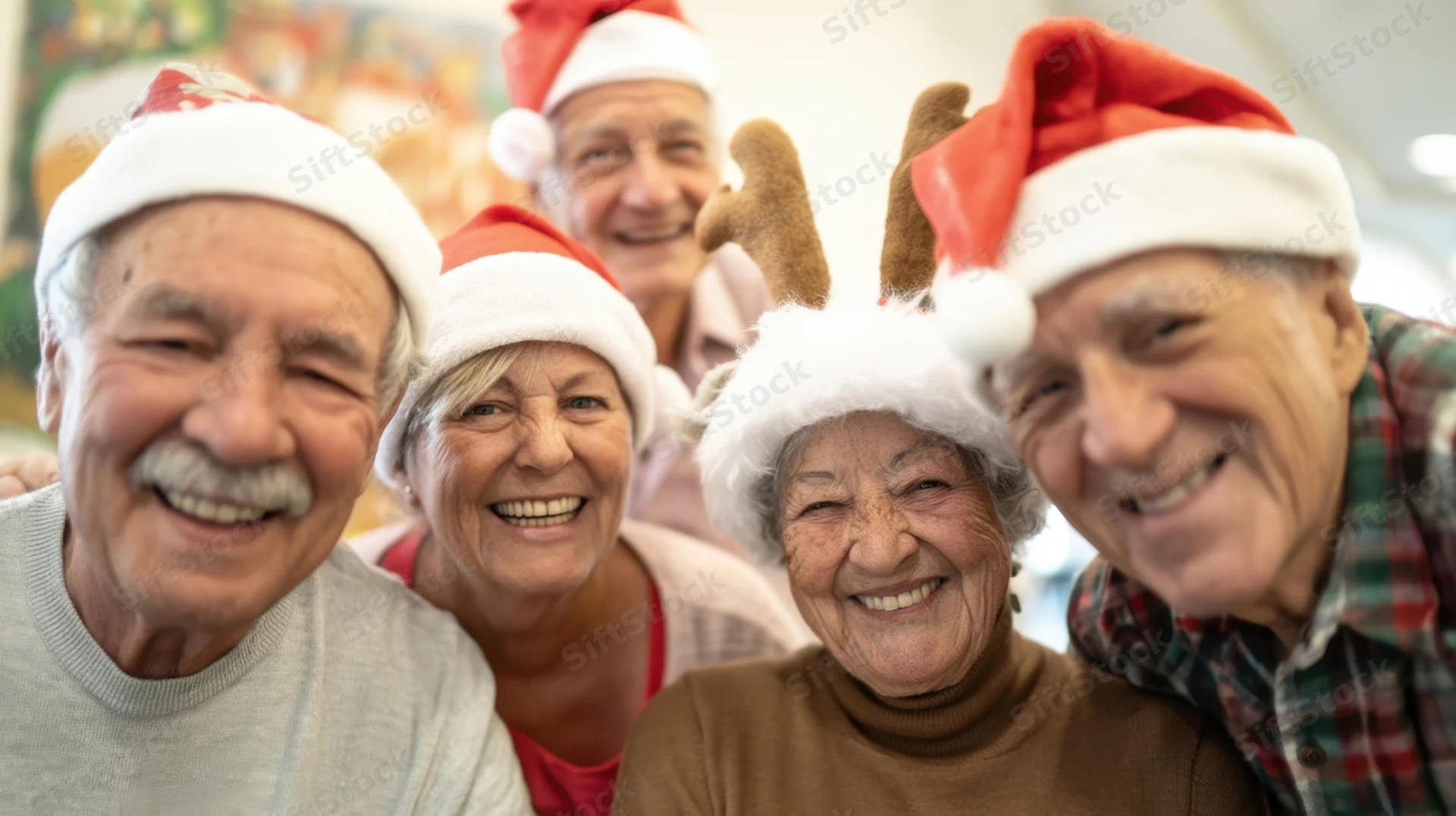 Five smiling elderly people wearing santa hats and reindeer antlers indoors during christmas celebration