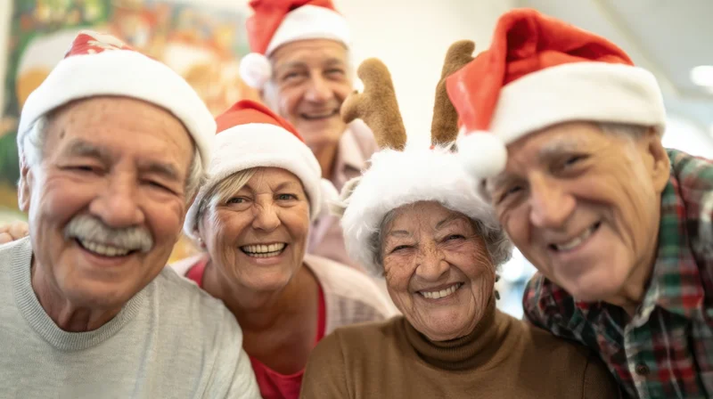 Five smiling elderly people wearing santa hats and reindeer antlers indoors during christmas celebration