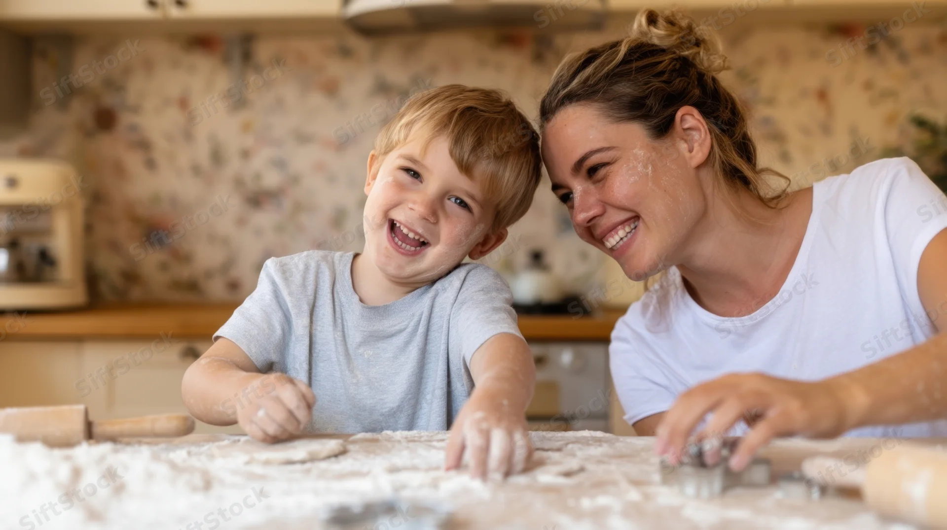Mother and young son smiling while baking together at kitchen counter