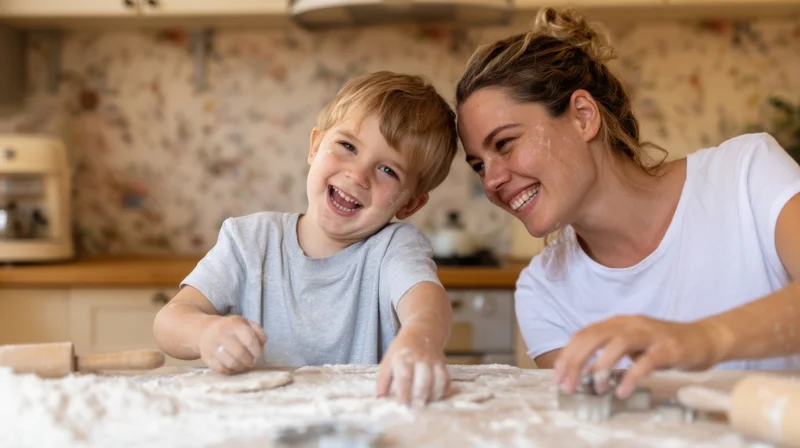 Mother and young son smiling while baking together at kitchen counter