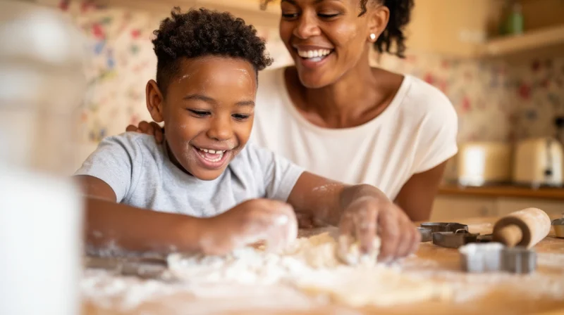Mother and son baking together in a kitchen, smiling with flour on their hands and faces